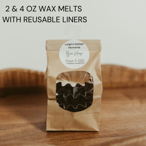 2oz and 4oz wax melts in kraft packaging with reusable liners, labeled 'Bali Mango,' on a wooden tray.